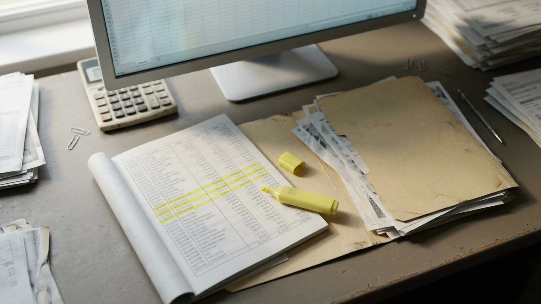 An accountant's workspace with a printed transaction ledger, a highlighter, a folder of supporting documents and a second screen showing a spreadsheet, soft indoor light