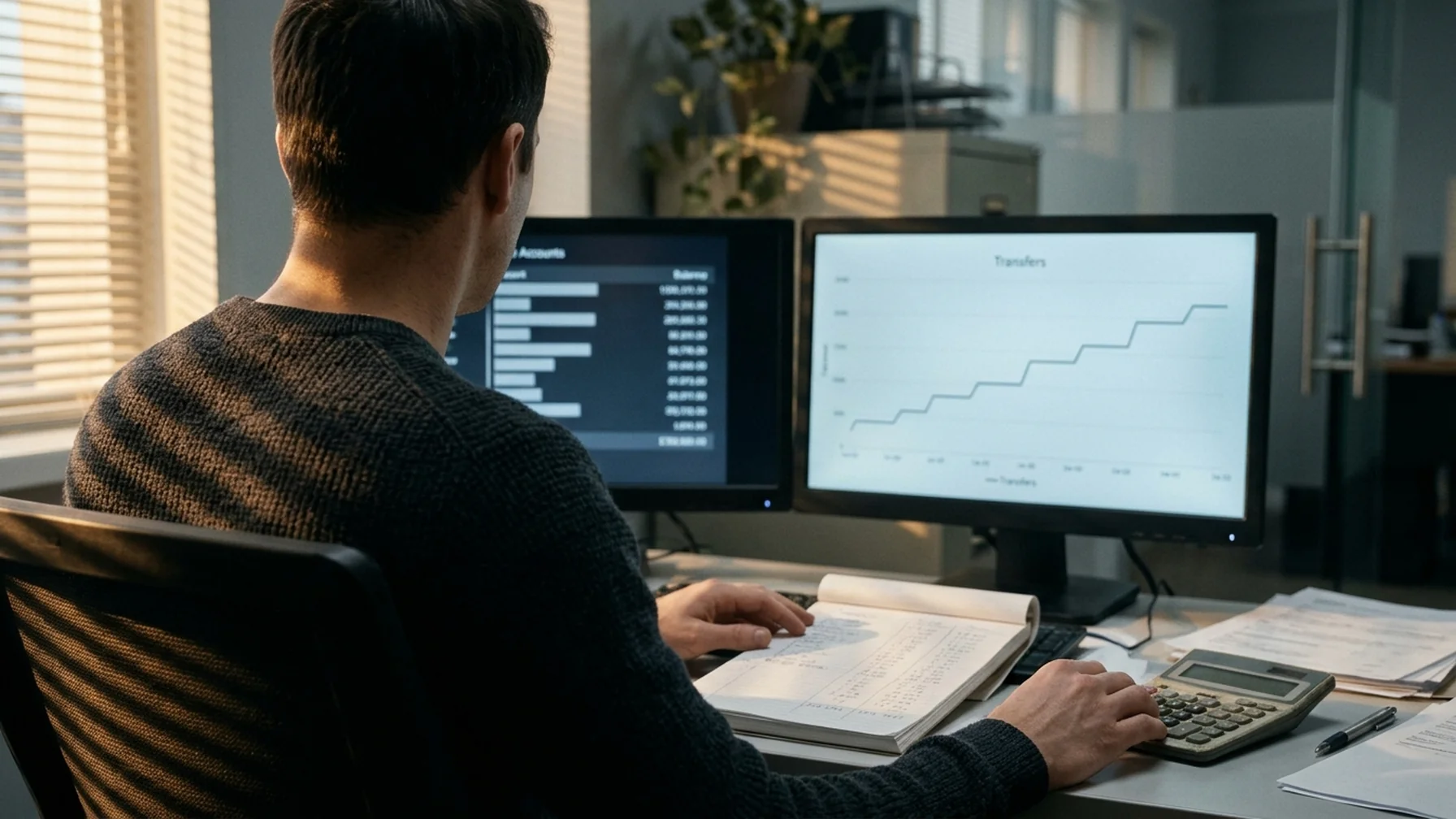 A finance manager reviewing cash positions on two screens in a dim office, one screen showing a balance list and the other a chart of transfers, with a notebook of handwritten figures nearby