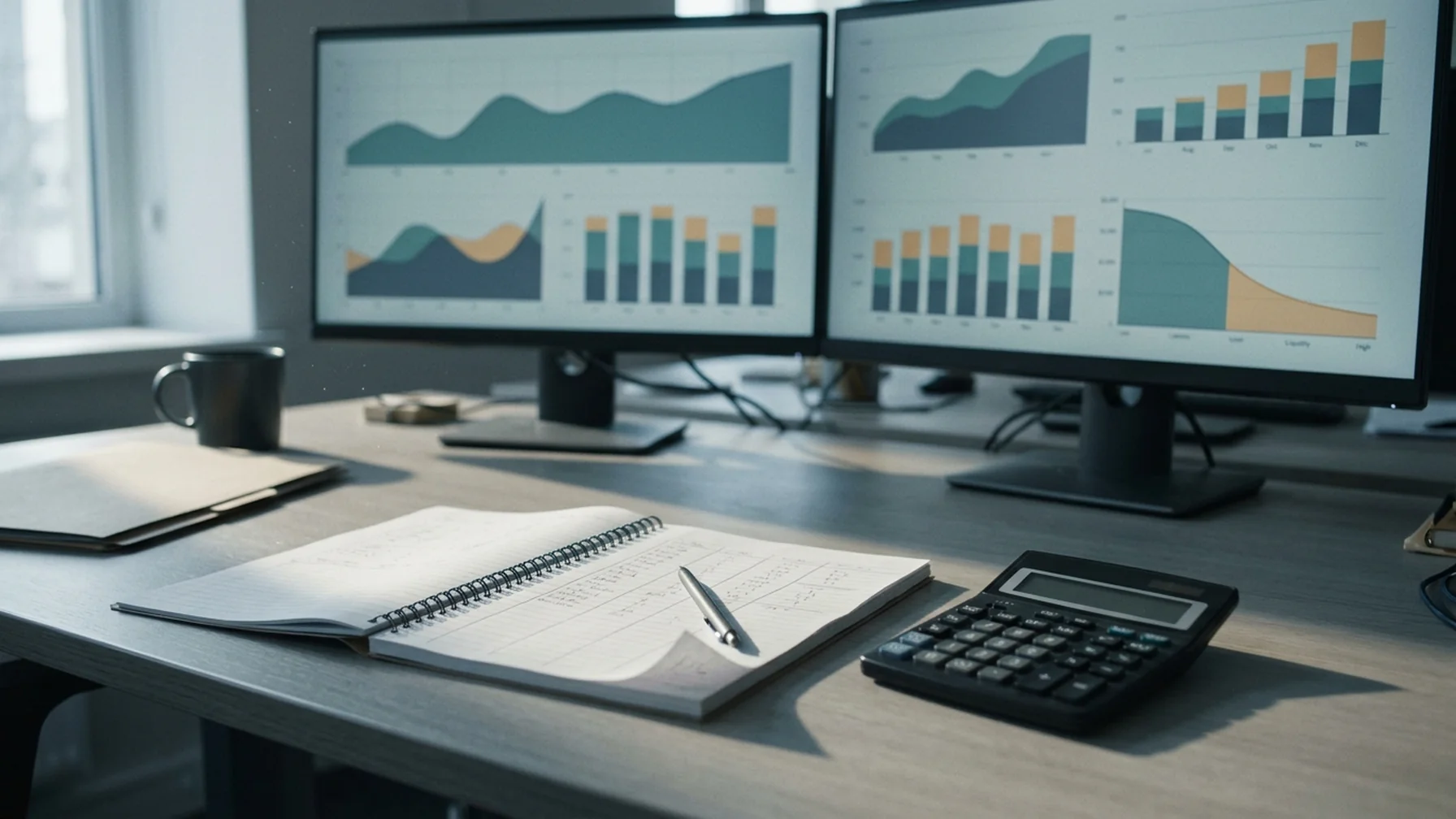 A treasury analyst's desk with two monitors showing cash position charts, a notebook with a handwritten liquidity schedule, and a calculator, cool daylight