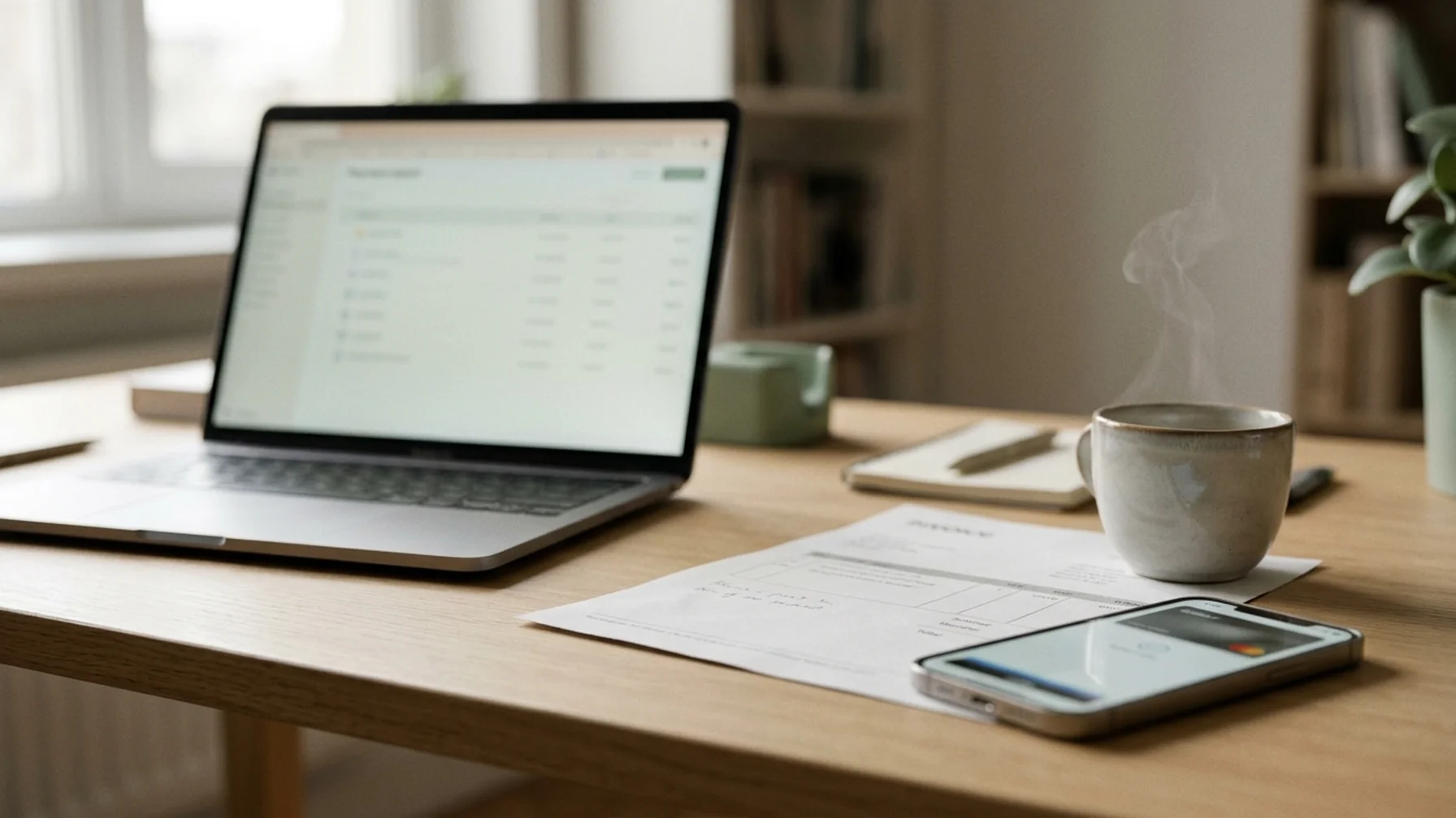 A laptop on a wooden desk showing a payment batch list, beside a printed contractor invoice and a phone with a wallet confirmation screen, morning light from a side window