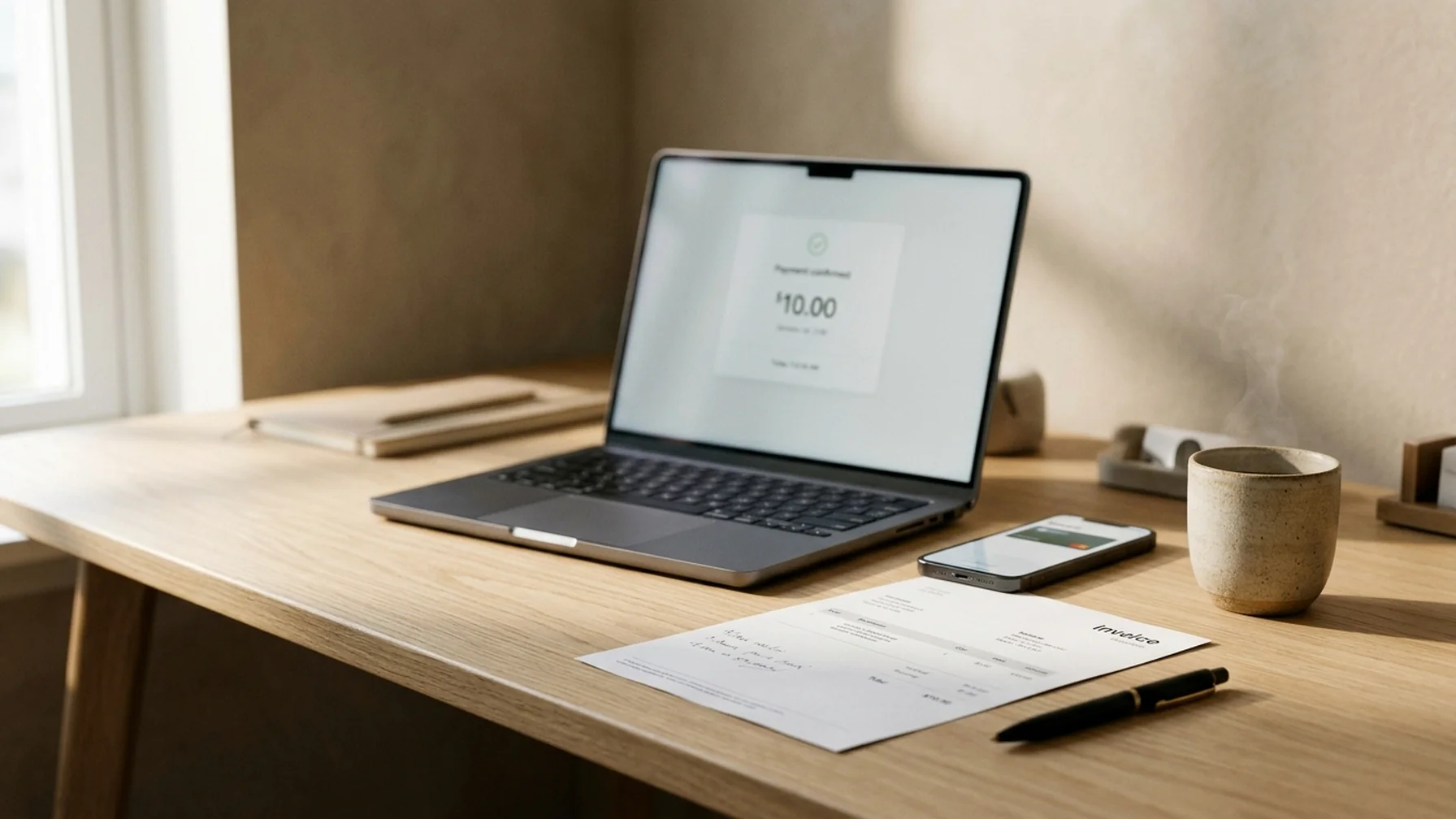A laptop on a wooden desk showing a payment transfer confirmation, a phone beside it with a wallet balance, and a printed contractor invoice, lit by morning window light